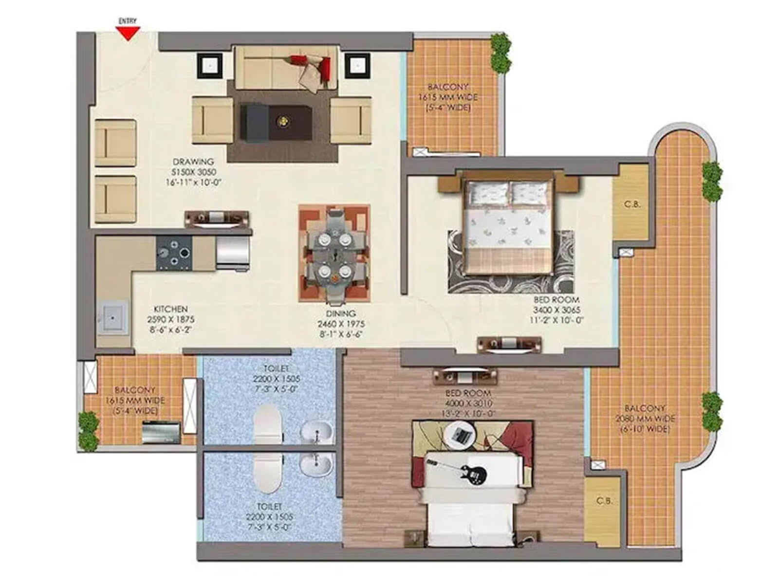 2 BHK Floor Plan of Saya Gold Avenue - 2/3/4 BHK Residentail Luxury Apartments for sale in Indirapuram Ghaziabad