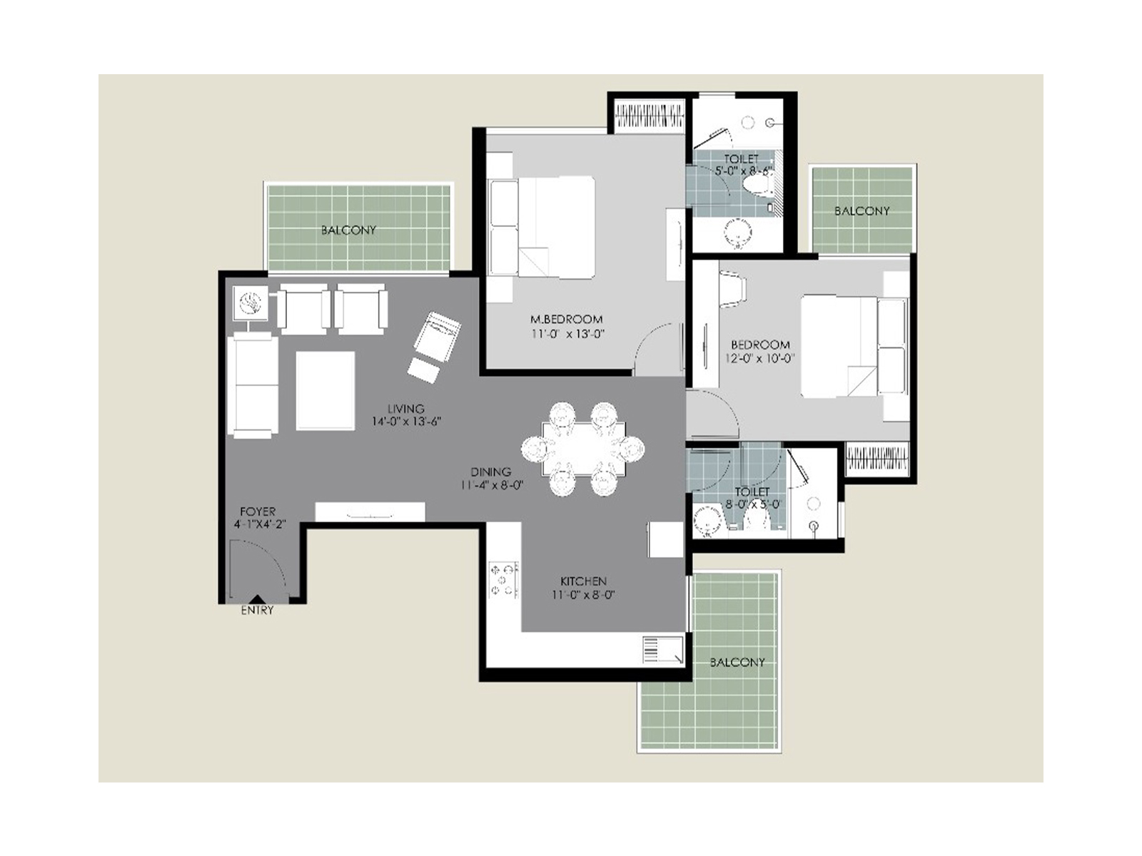 2 BHK Floor Plan at Saya Zion - 2/3/4 BHK Flats for Sale in Noida Extension 